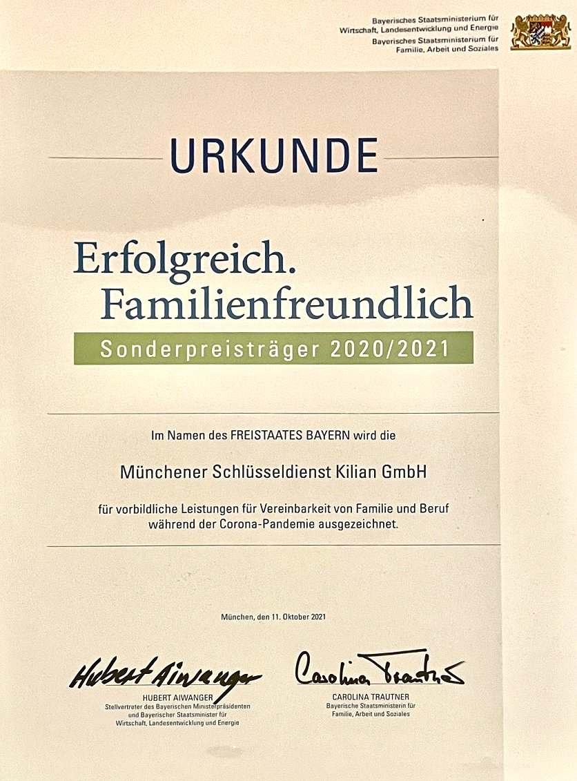 2021 Erfolgreich Familienfreundlich Sonderpreistrger Mnchener Schlsseldienst Kilian 2 Web